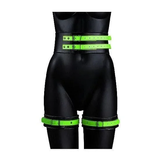 Shots Ouch! Glow in the Dark 5-Piece Leather Thigh & Handcuffs With Belt Restraint Neon Green