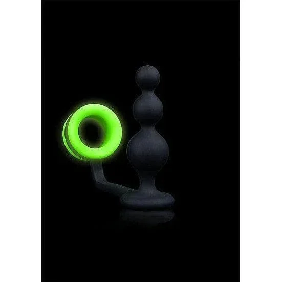Shots Ouch! Glow in the Dark Silicone Beaded Anal Plug With Detachable Penis Ring Neon Green