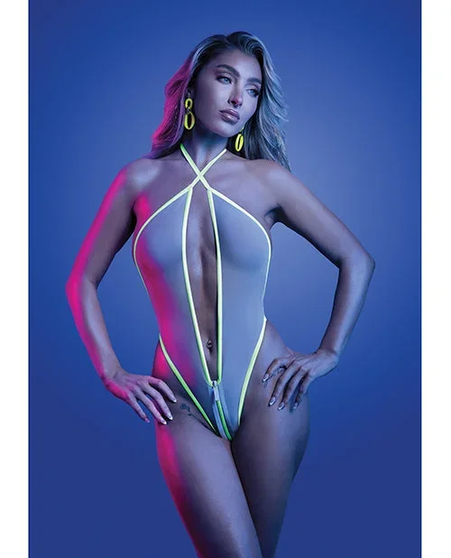 Supernatural Glow-in-the-Dark Trim Zipper Teddy Lingerie in White S/M