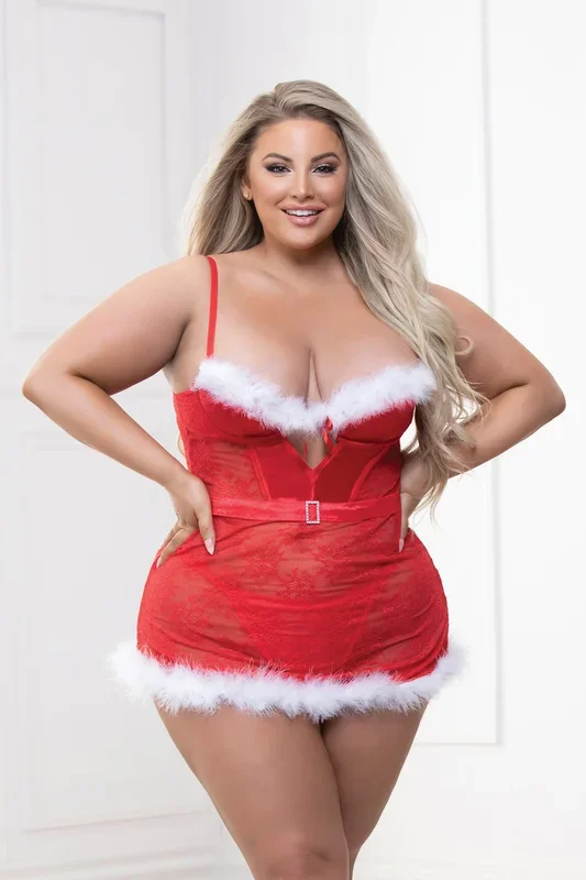 Two Piece Lace and Stretch Satin Chemise With Marabou Trim and G-String Set – 1x/2x – Red