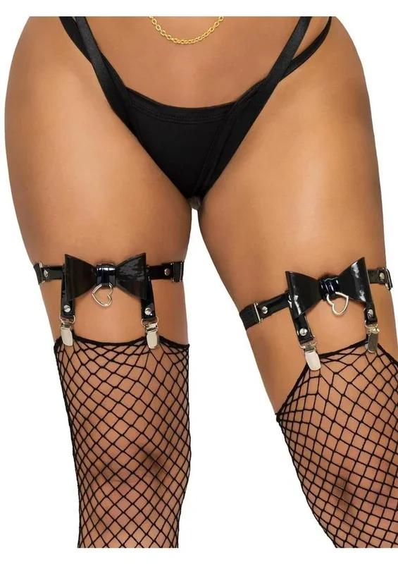 Vegan Leather Thigh High Bow Garter with Adjustable Straps and Heart Ring Accent