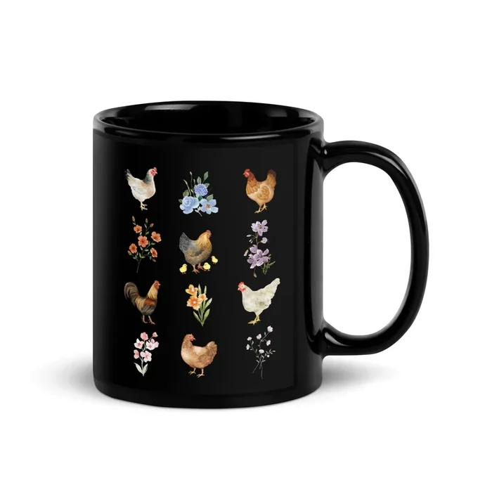 Watercolor Floral Chicken Black Glossy Mug