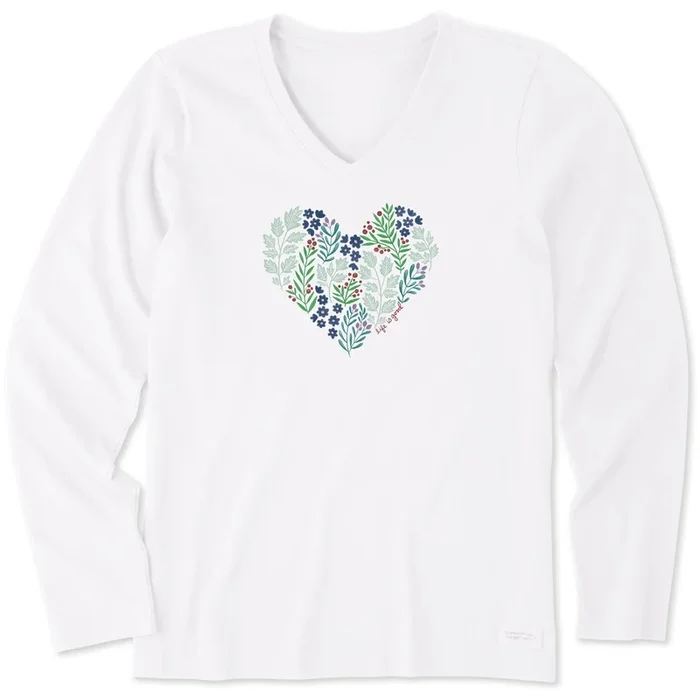 Women’s Winter Flowers Heart Long Sleeve Crusher Vee